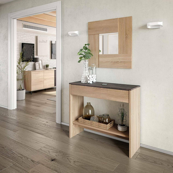 Mobile da ingresso Alwin, Entratina con specchio, Mobile con cassetto e ripiano per entrata, Armadio moderno per atrio, cm 92x33h149, Rovere e Noce