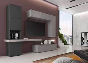 Parete attrezzata 0, Mobile porta TV moderno con Ante e ripiani, Set salotto completo con pensili, Cm 150x49h38, Grigio e Antracite