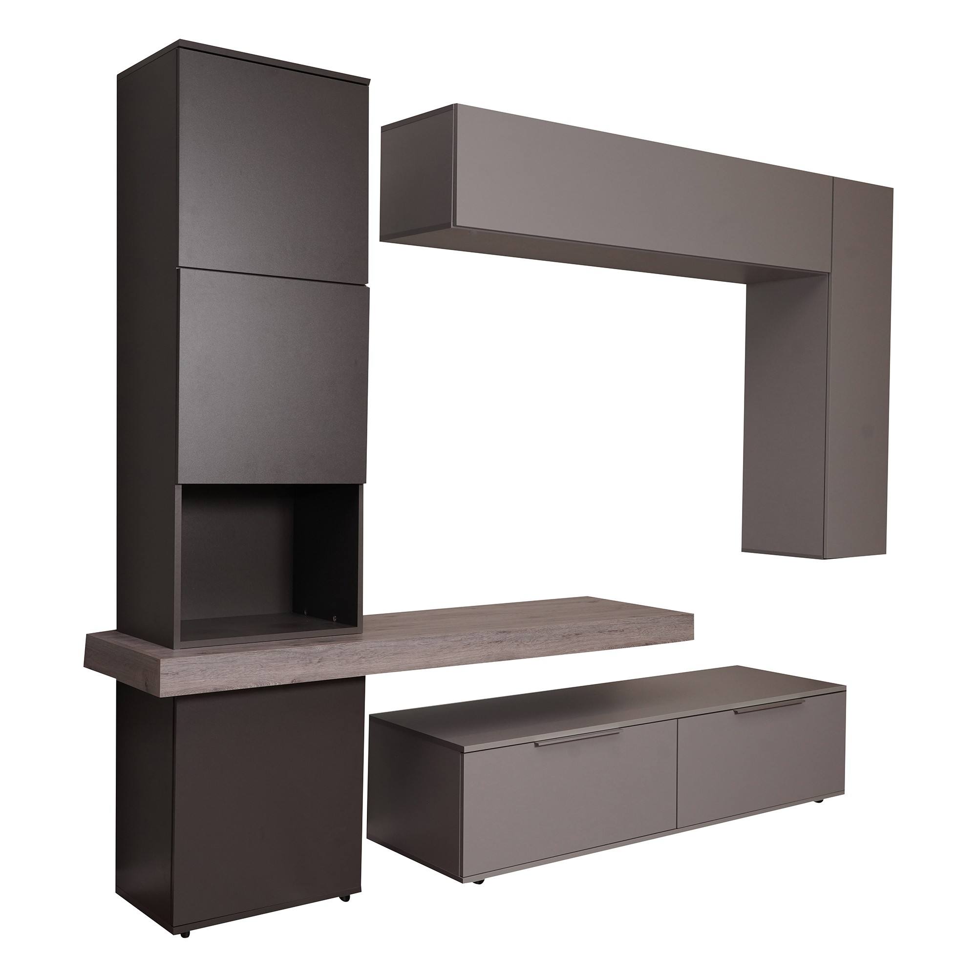 Parete attrezzata 0, Mobile porta TV moderno con Ante e ripiani, Set salotto completo con pensili, Cm 150x49h38, Grigio e Antracite