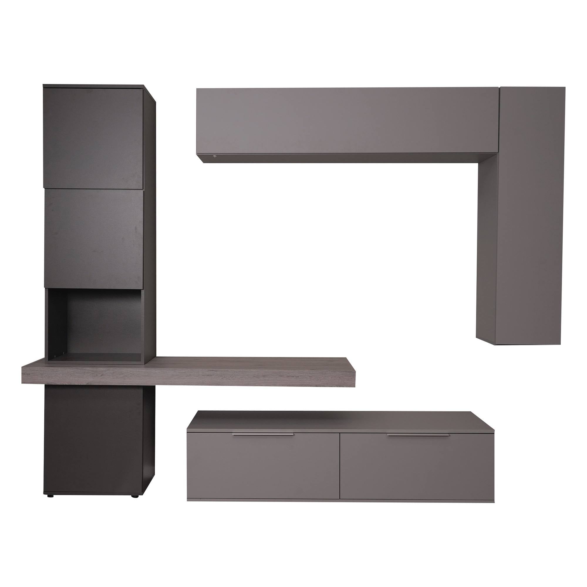 Parete attrezzata 0, Mobile porta TV moderno con Ante e ripiani, Set salotto completo con pensili, Cm 150x49h38, Grigio e Antracite