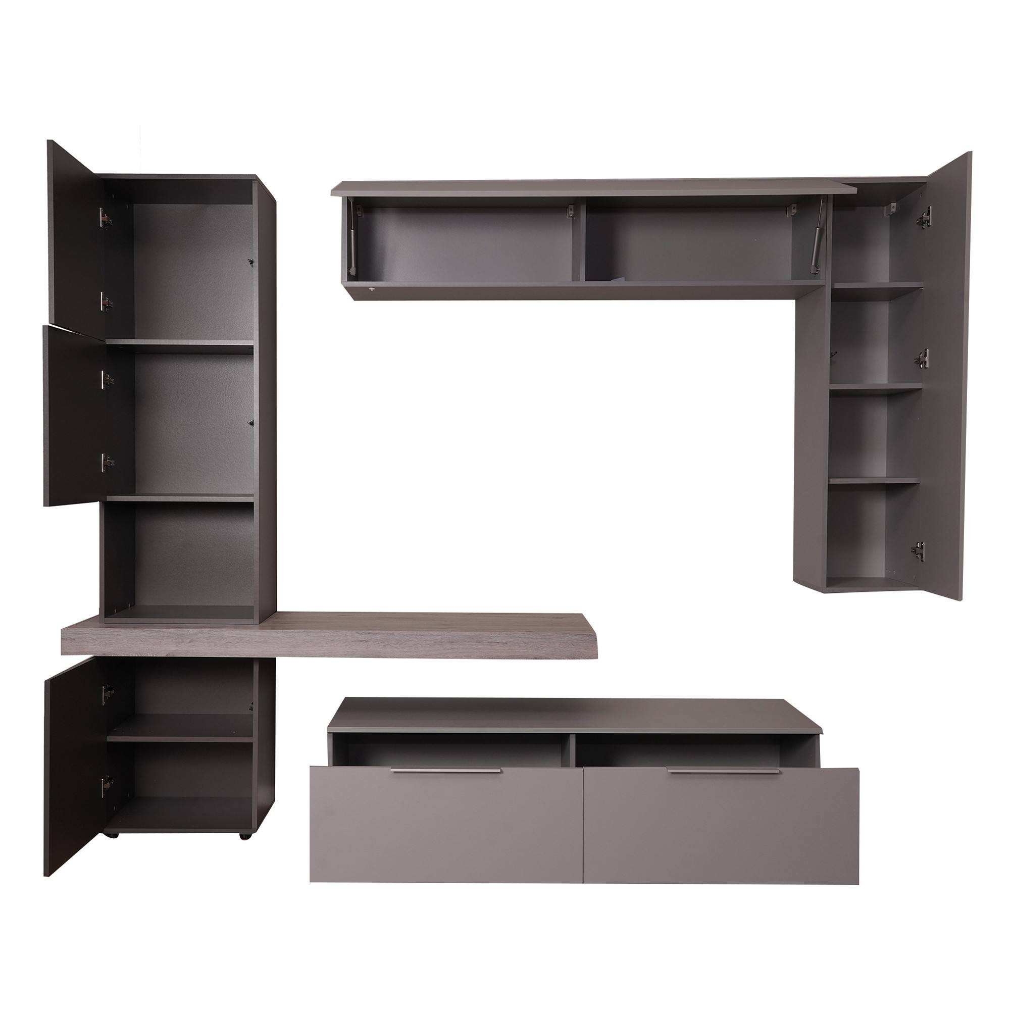 Parete attrezzata 0, Mobile porta TV moderno con Ante e ripiani, Set salotto completo con pensili, Cm 150x49h38, Grigio e Antracite