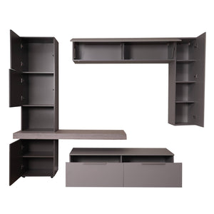 Parete attrezzata 0, Mobile porta TV moderno con Ante e ripiani, Set salotto completo con pensili, Cm 150x49h38, Grigio e Antracite