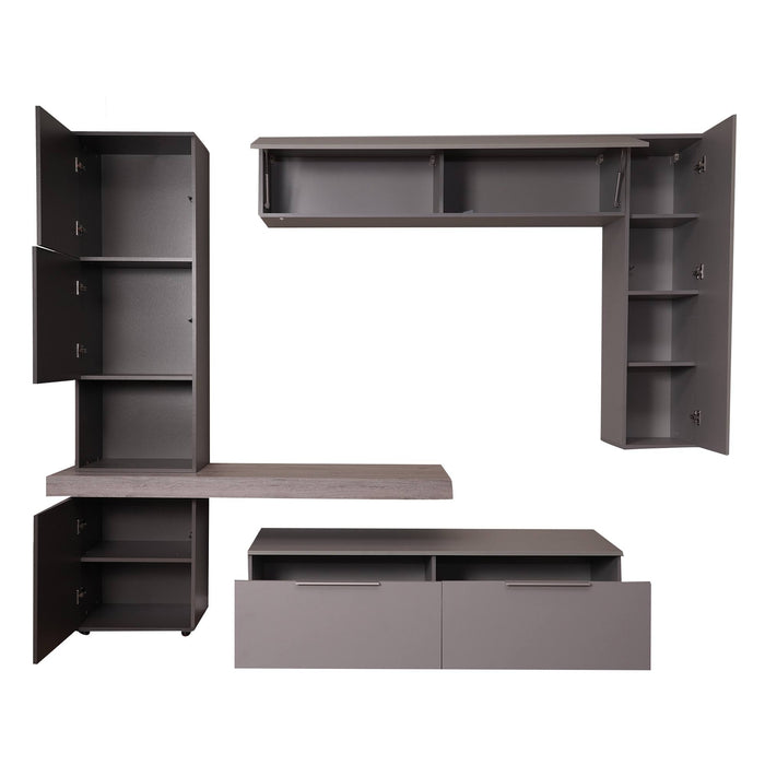 Parete attrezzata 0, Mobile porta TV moderno con Ante e ripiani, Set salotto completo con pensili, Cm 150x49h38, Grigio e Antracite