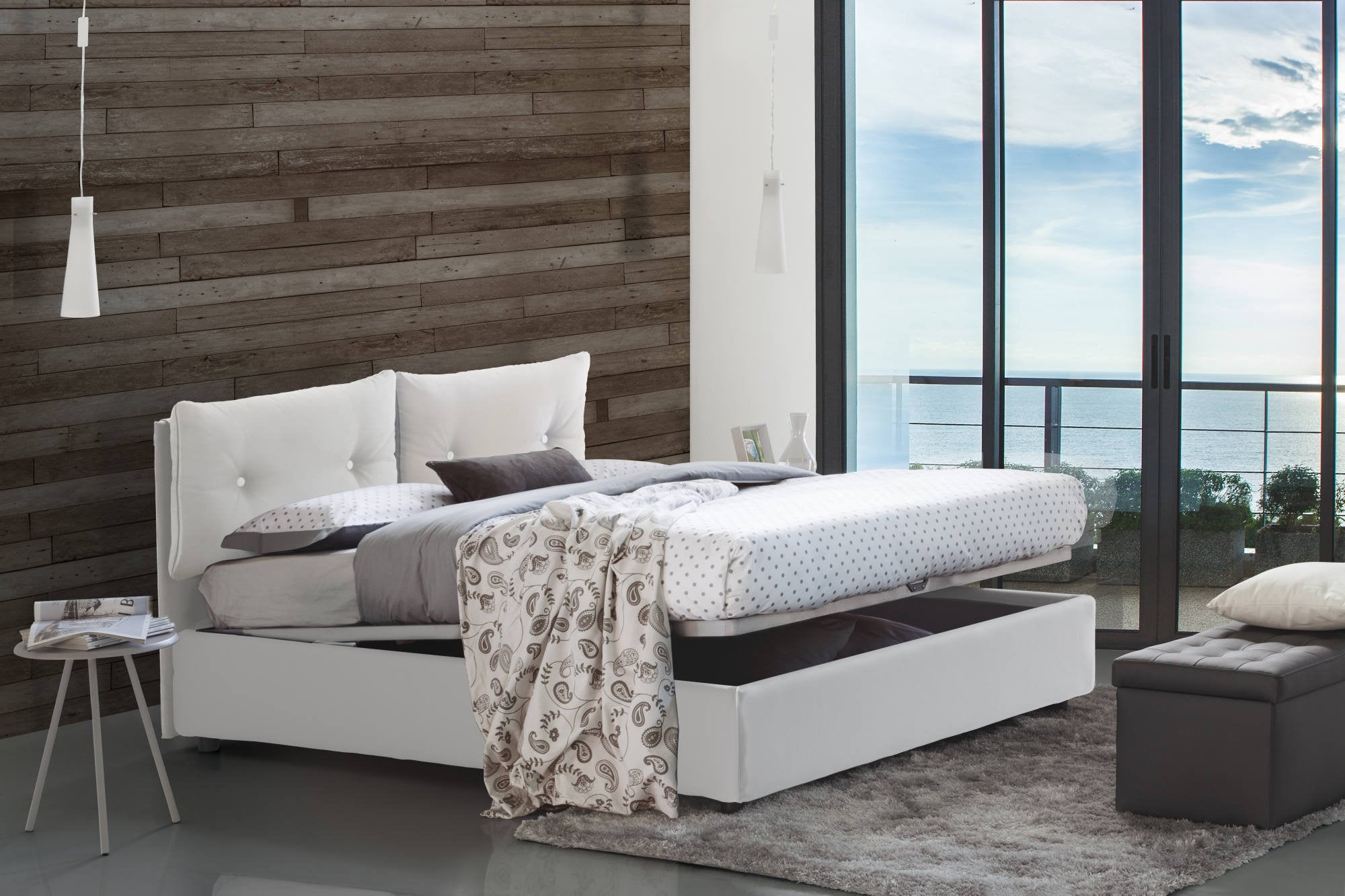 Letto piazza e mezza Bacio, Letto contenitore con rivestimento in ecopelle, Made in Italy, Apertura frontale, con materasso cm 120x190 incluso, Bianco