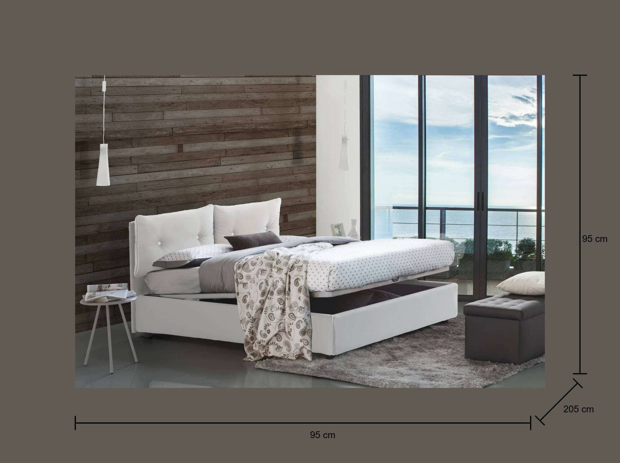 Letto singolo Albiate, Letto contenitore con rivestimento in ecopelle, Made in Italy, Apertura frontale, con materasso cm 80x190 incluso, Bianco