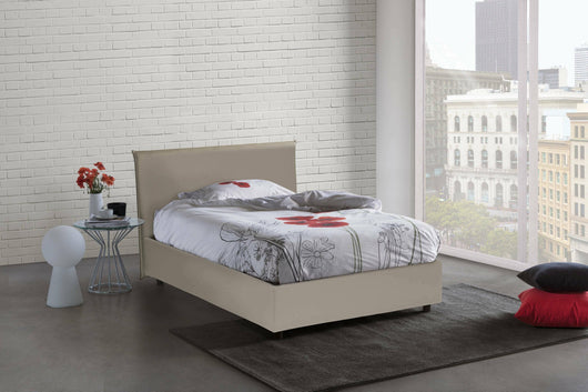 Letto piazza e mezza Alia, Letto contenitore con rivestimento in ecopelle, Made in Italy, Apertura frontale, adatto per materasso cm 120x190, Tortora