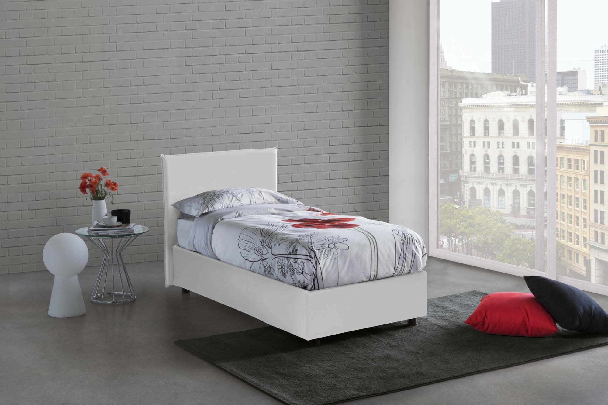 Letto singolo Asio, Letto contenitore con rivestimento in ecopelle, Made in Italy, Apertura frontale, adatto per materasso cm 80x190, Bianco
