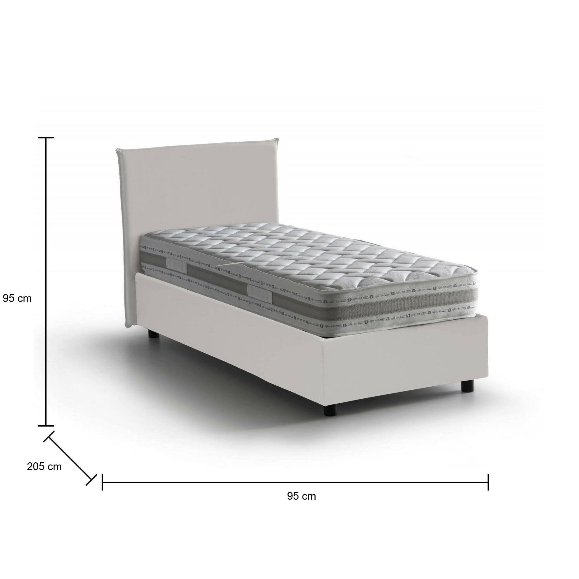 Letto singolo Tashkent, Letto contenitore con rivestimento in ecopelle, Made in Italy, Apertura frontale, con materasso cm 80x190 incluso, Bianco