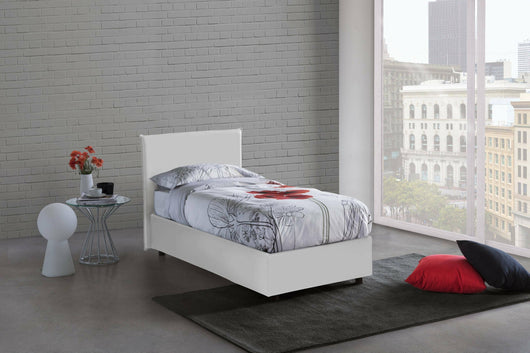 Letto singolo Tashkent, Letto contenitore con rivestimento in ecopelle, Made in Italy, Apertura frontale, con materasso cm 80x190 incluso, Bianco