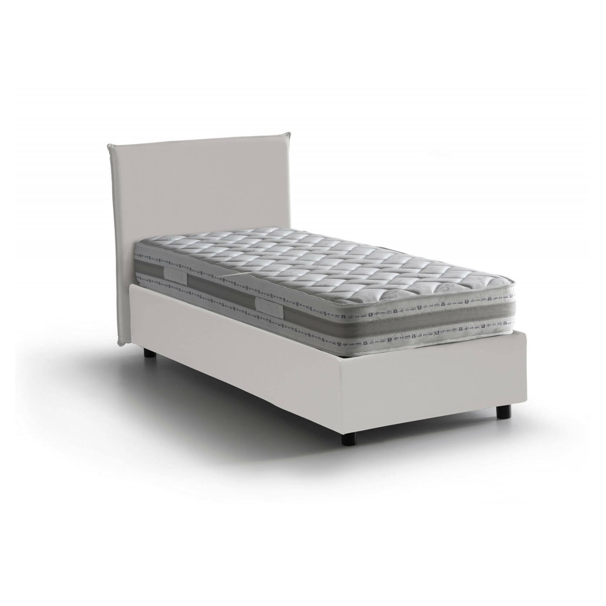 Letto singolo Tashkent, Letto contenitore con rivestimento in ecopelle, Made in Italy, Apertura frontale, con materasso cm 80x190 incluso, Bianco