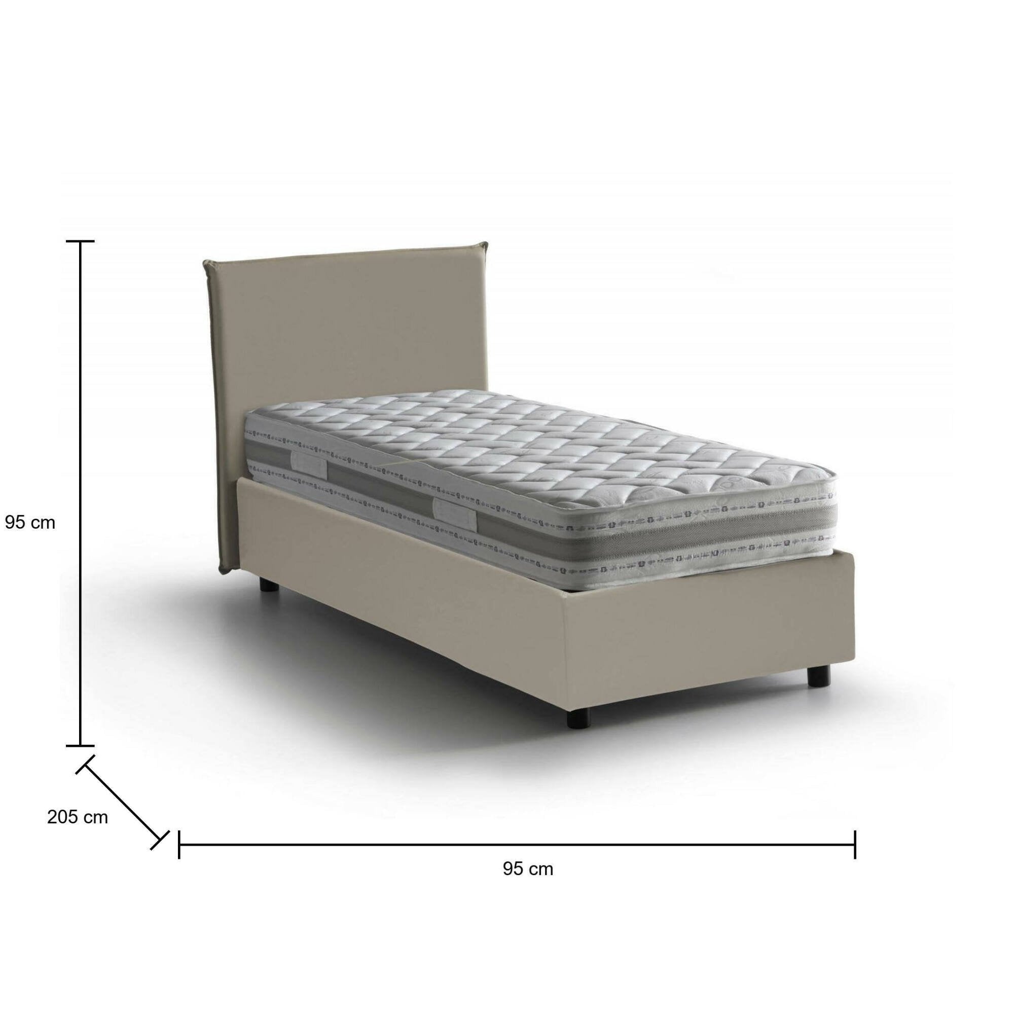 Letto singolo Tashkent, Letto contenitore con rivestimento in ecopelle, Made in Italy, Apertura frontale, con materasso cm 80x190 incluso, Tortora