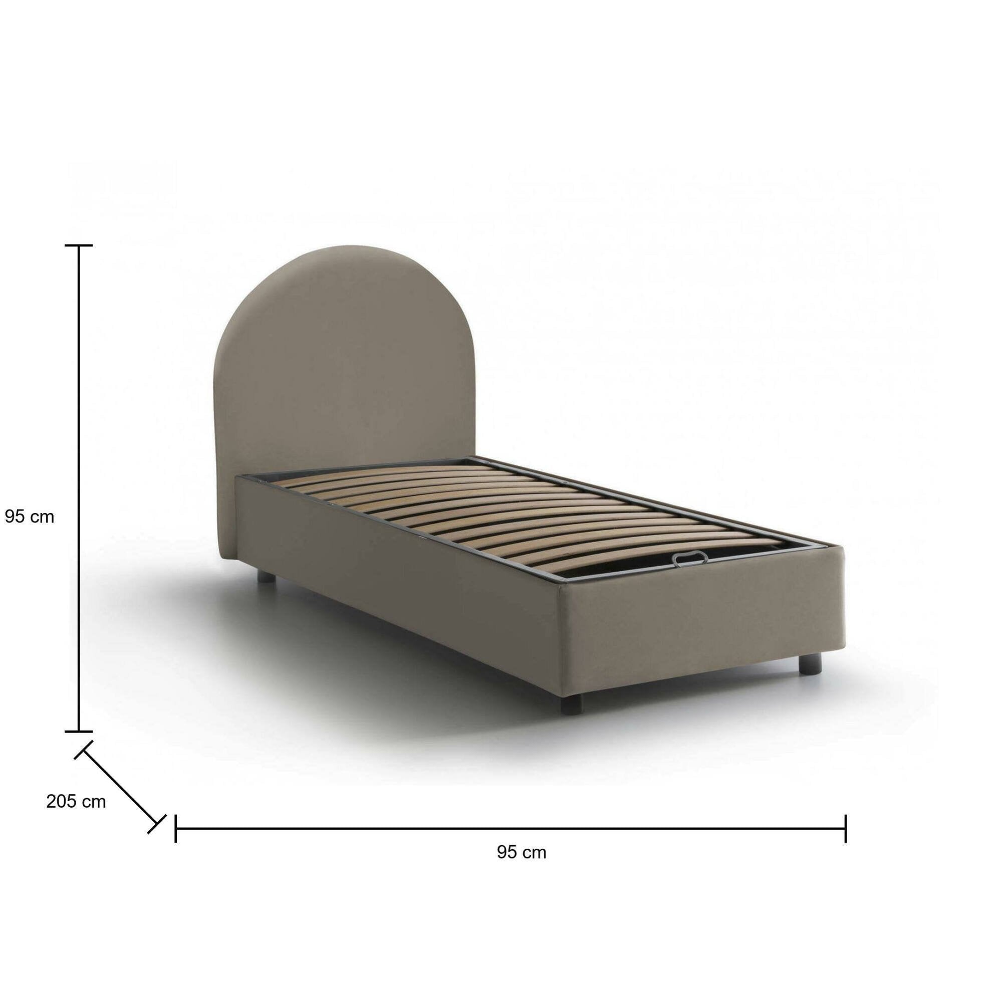 Letto singolo Fedra, Letto contenitore con rivestimento in ecopelle, Made in Italy, Apertura frontale, adatto per materasso cm 80x190, Tortora