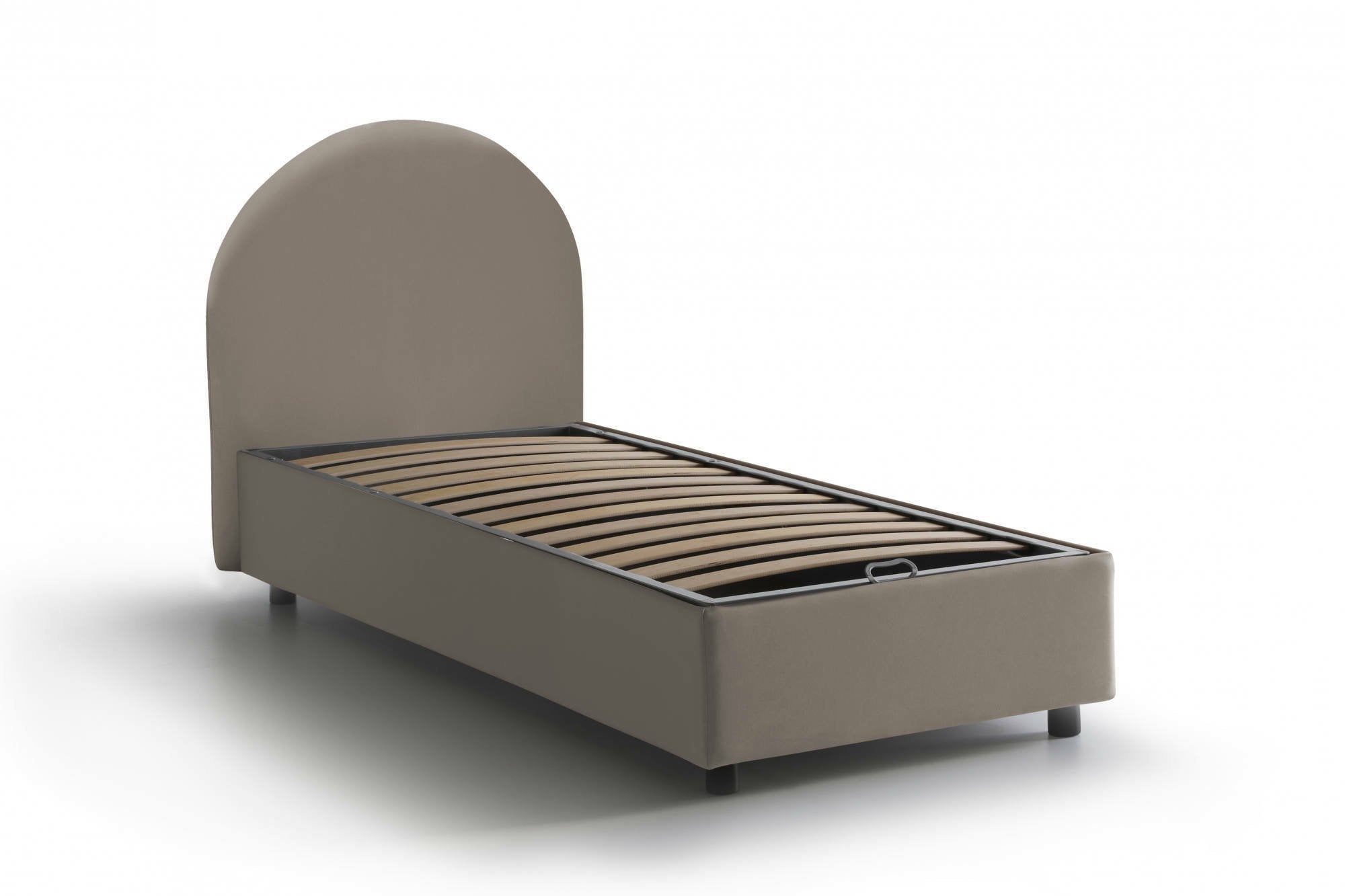 Letto singolo Cirilla, Letto contenitore con rivestimento in ecopelle, Made in Italy, Apertura frontale, con materasso cm 80x190 incluso, Tortora