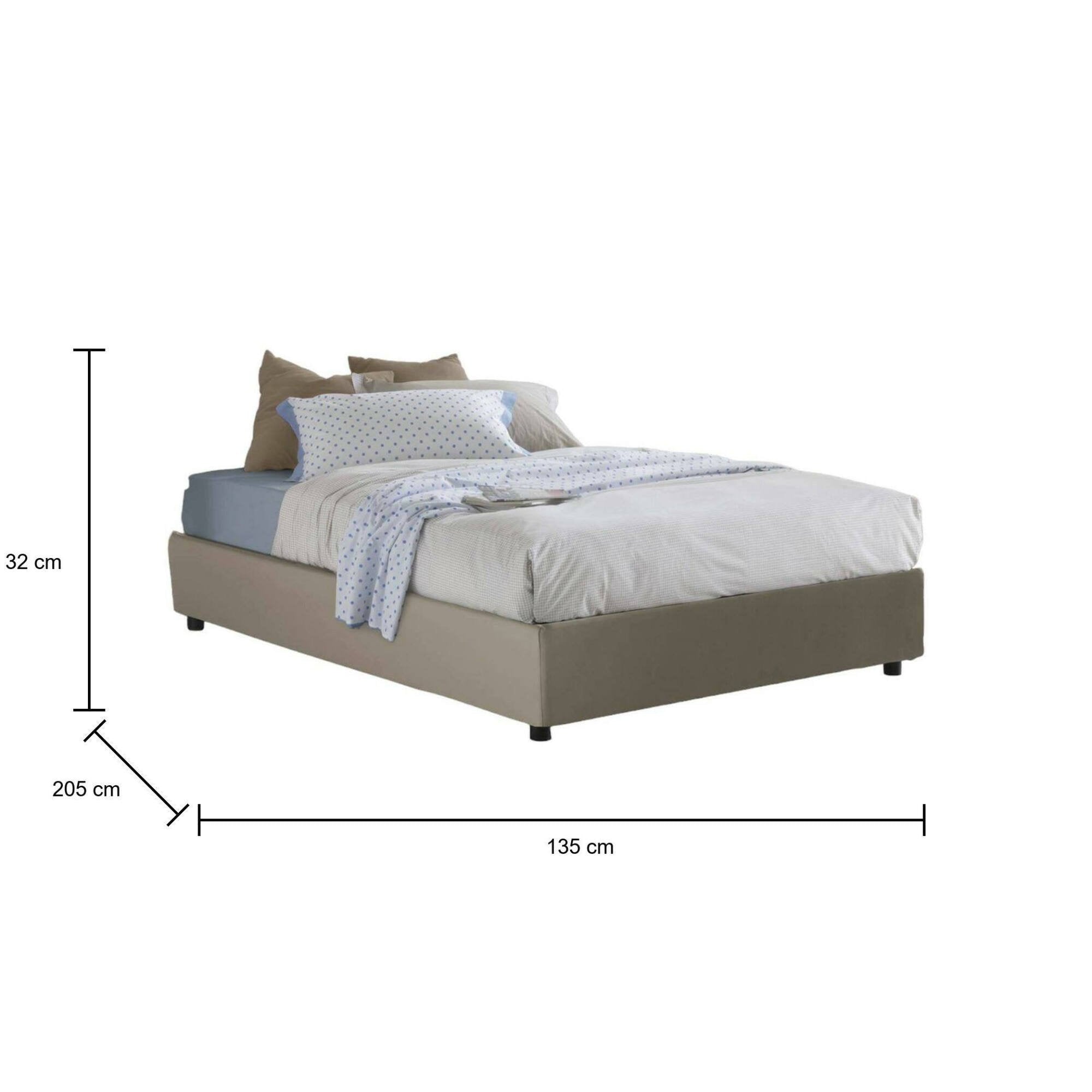 Letto piazza e mezza Arbo, Letto contenitore con rivestimento in ecopelle, Made in Italy, Apertura frontale, adatto per materasso cm 120x190, Tortora