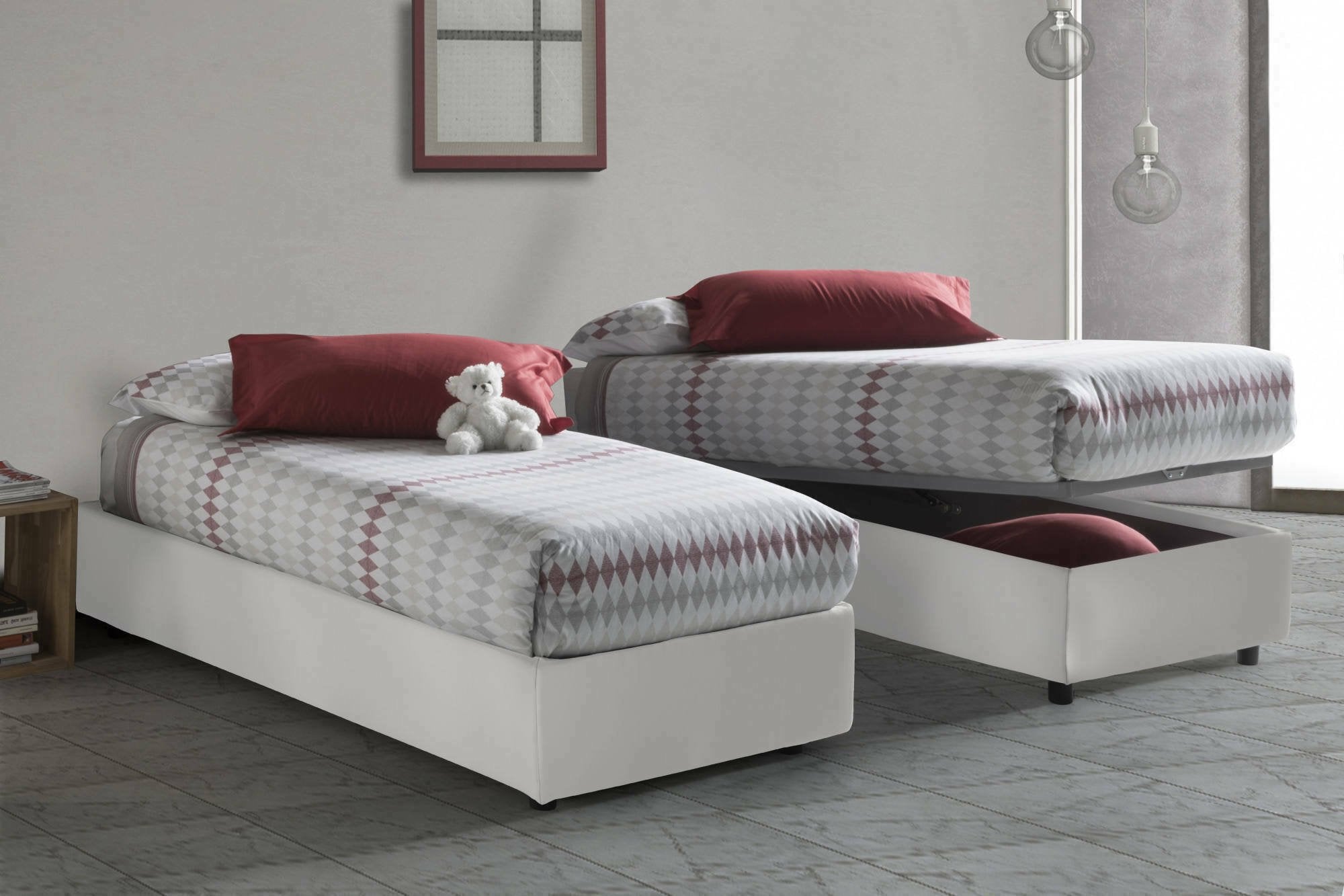 Letto singolo Andry, Letto contenitore con rivestimento in ecopelle, Made in Italy, Apertura frontale, con materasso cm 80x190 incluso, Bianco