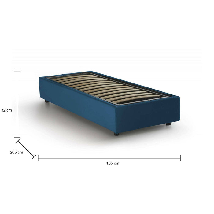 Letto singolo Acrostico, Letto contenitore con rivestimento in tessuto, Made in Italy, Apertura frontale, adatto per materasso cm 90x190, Blu