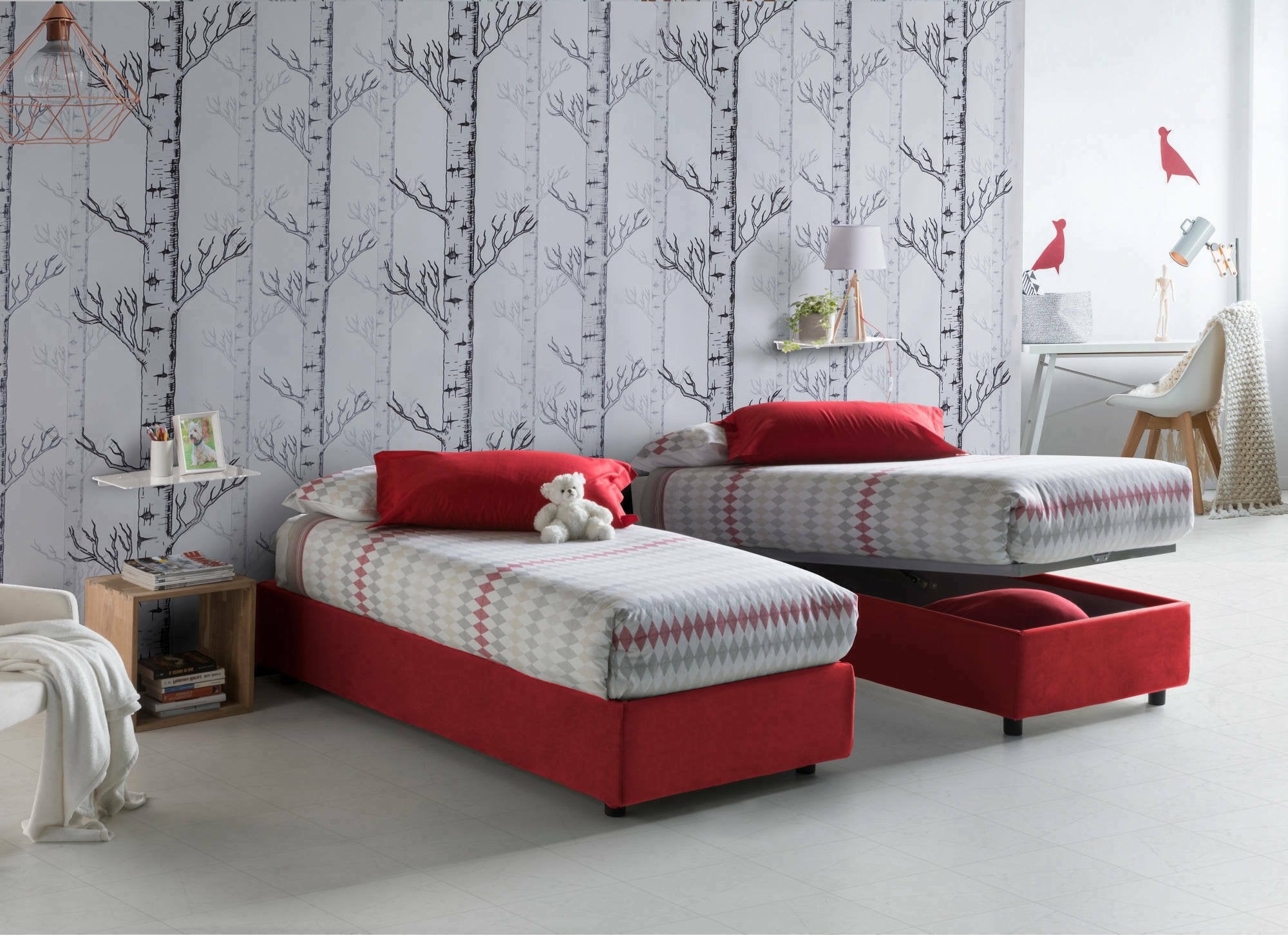 Letto singolo Acrostico, Letto contenitore con rivestimento in tessuto, Made in Italy, Apertura frontale, adatto per materasso cm 90x190, Rosso