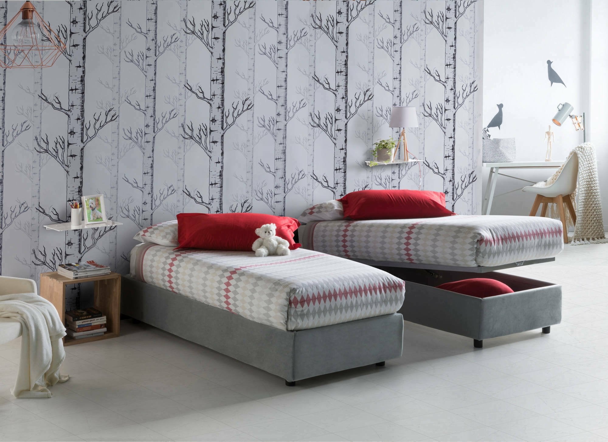 Letto singolo Acetico, Letto contenitore con rivestimento in tessuto, Made in Italy, Apertura frontale, adatto per materasso cm 90x200, Grigio