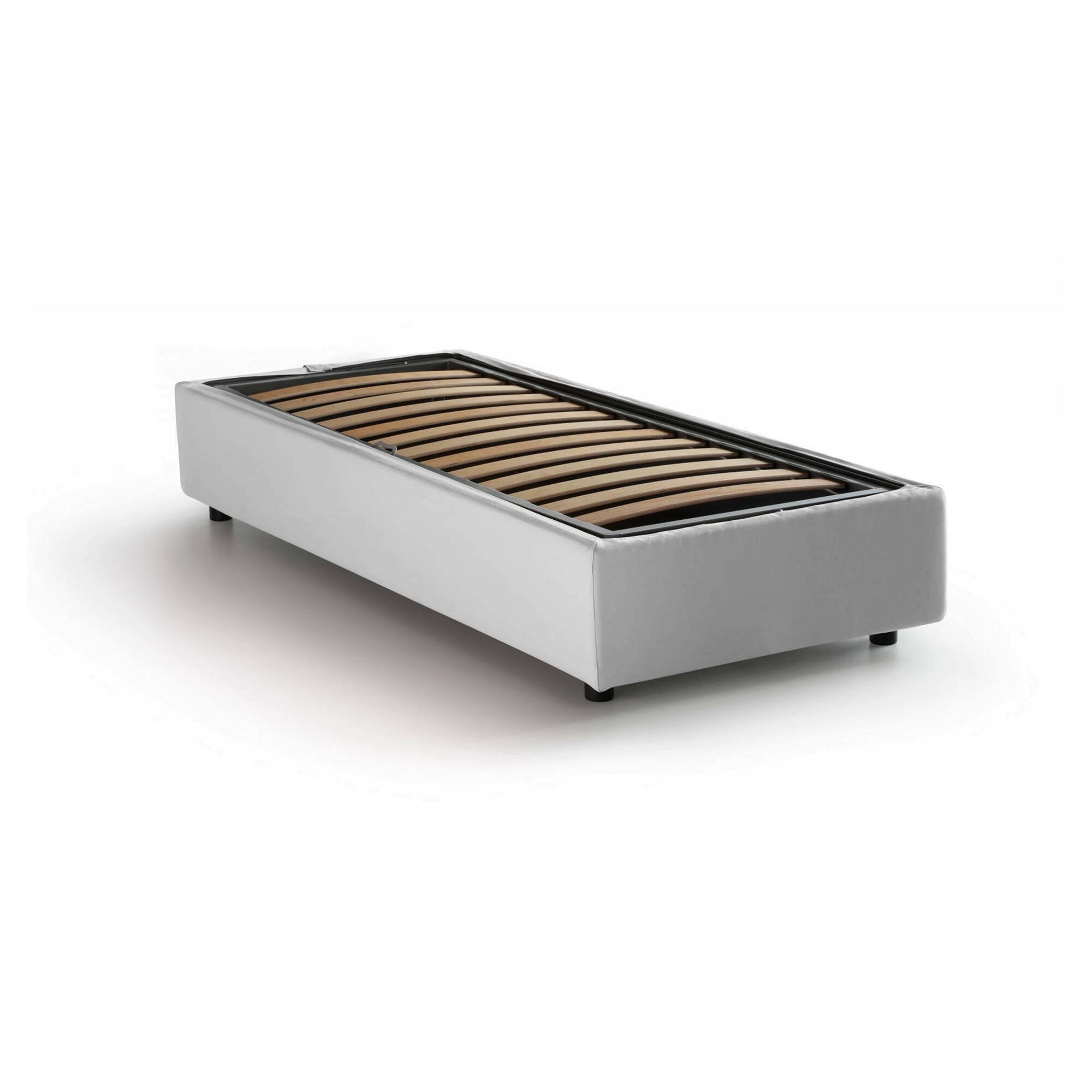 Letto singolo Acetico, Letto contenitore con rivestimento in tessuto, Made in Italy, Apertura frontale, adatto per materasso cm 90x200, Bianco