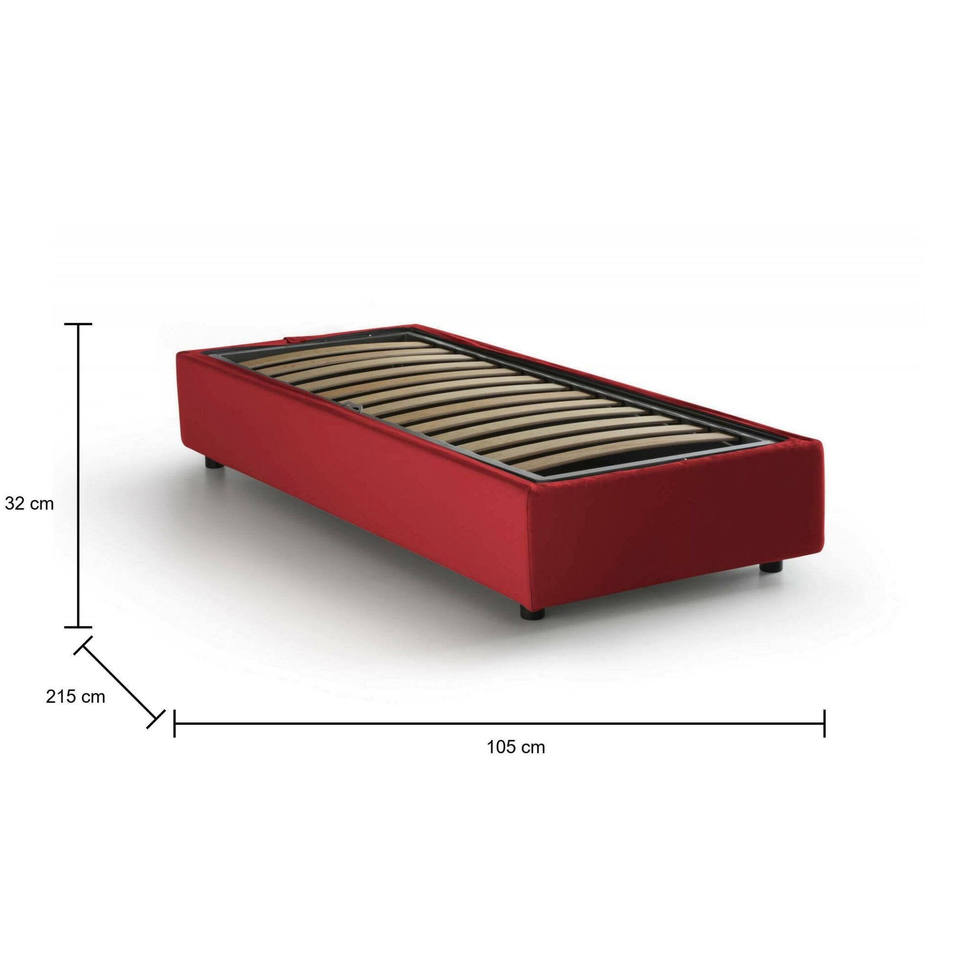 Letto singolo Acetico, Letto contenitore con rivestimento in tessuto, Made in Italy, Apertura frontale, adatto per materasso cm 90x200, Rosso
