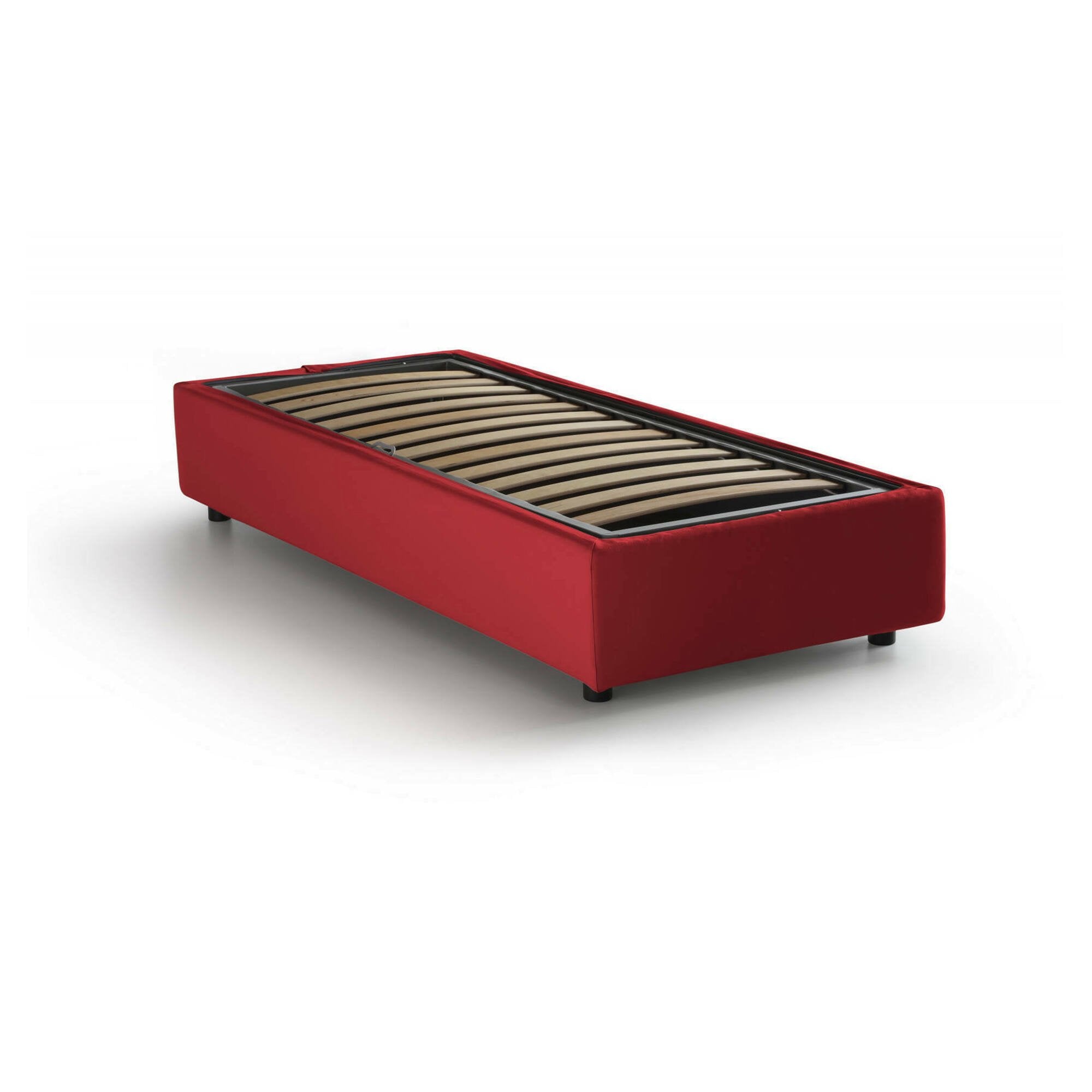 Letto singolo Acetico, Letto contenitore con rivestimento in tessuto, Made in Italy, Apertura frontale, adatto per materasso cm 90x200, Rosso