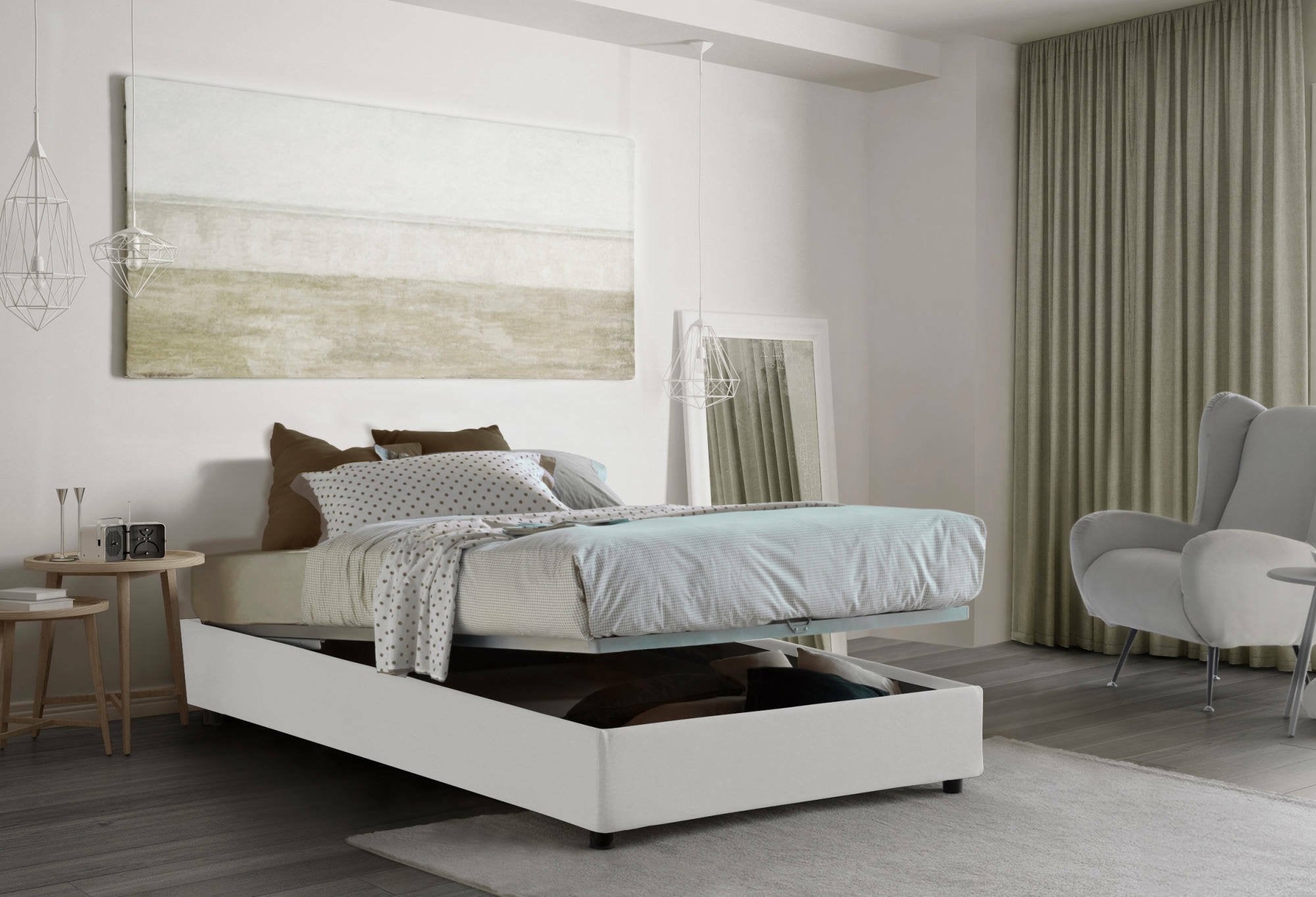 Letto piazza e mezza Andla, Letto contenitore con rivestimento in tessuto, Made in Italy, Apertura frontale, adatto per materasso cm 120x200, Bianco