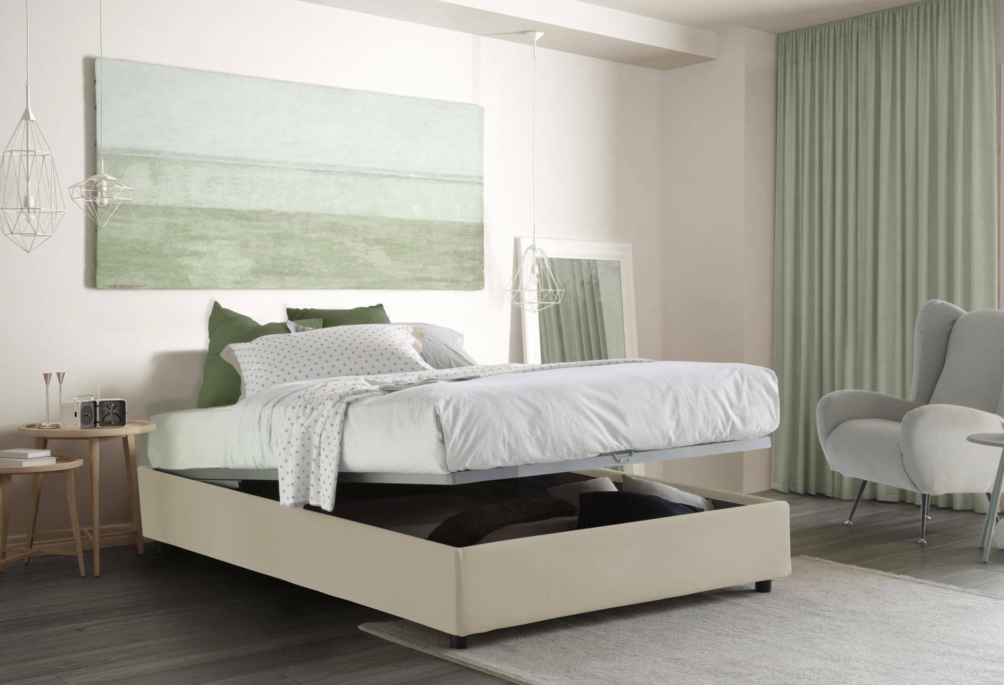 Letto matrimoniale Arvic, Letto contenitore con rivestimento in tessuto, Made in Italy, Apertura frontale, adatto per materasso cm 140x200, Beige