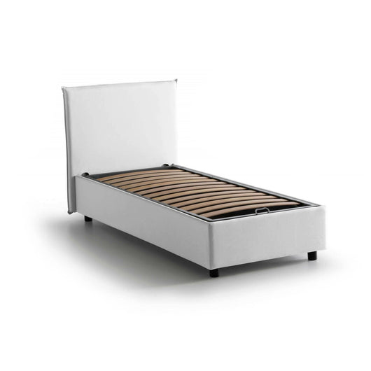 Letto singolo Shana, Letto contenitore con rivestimento in tessuto, Made in Italy, Apertura frontale, adatto per materasso cm 80x200, Bianco