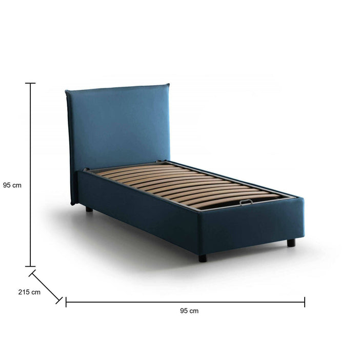 Letto singolo Shana, Letto contenitore con rivestimento in tessuto, Made in Italy, Apertura frontale, adatto per materasso cm 80x200, Blu