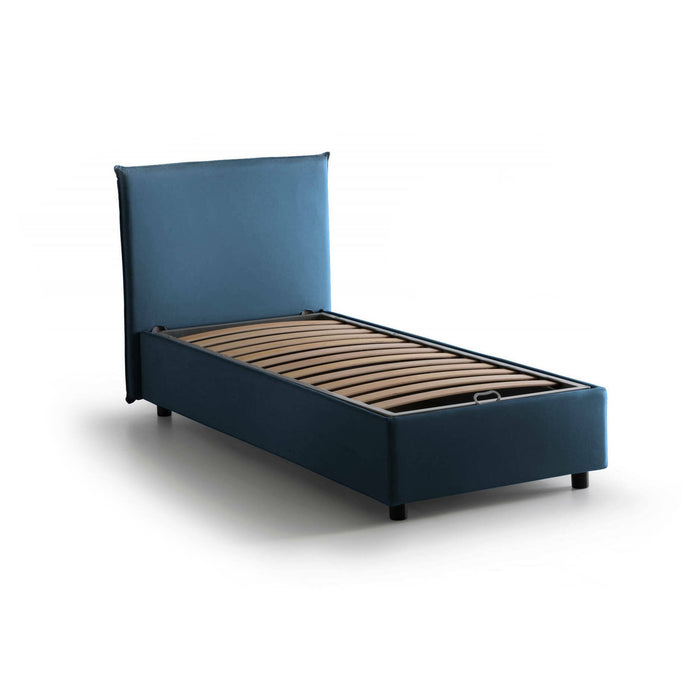 Letto singolo Shana, Letto contenitore con rivestimento in tessuto, Made in Italy, Apertura frontale, adatto per materasso cm 80x200, Blu
