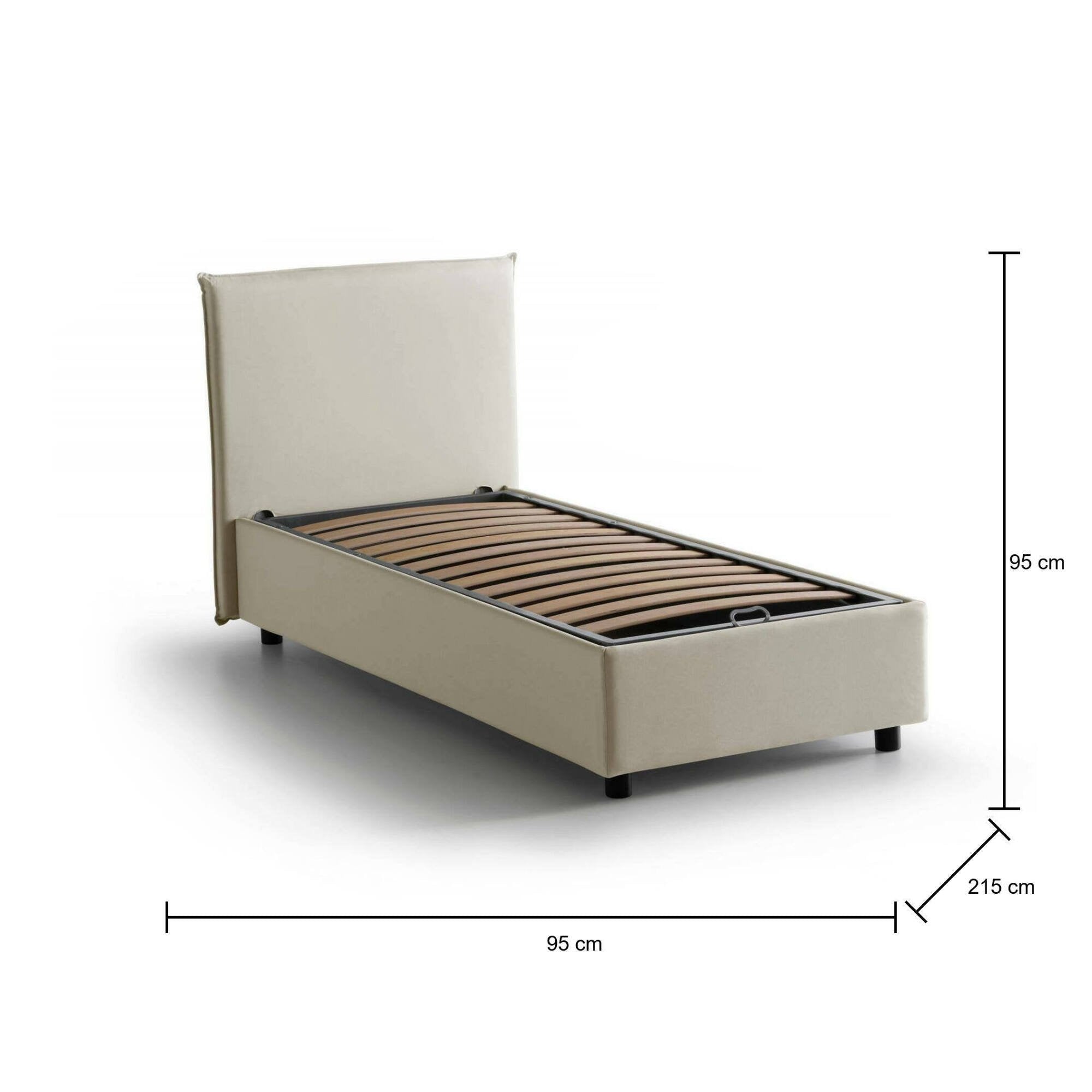 Letto singolo Shana, Letto contenitore con rivestimento in tessuto, Made in Italy, Apertura frontale, adatto per materasso cm 80x200, Beige