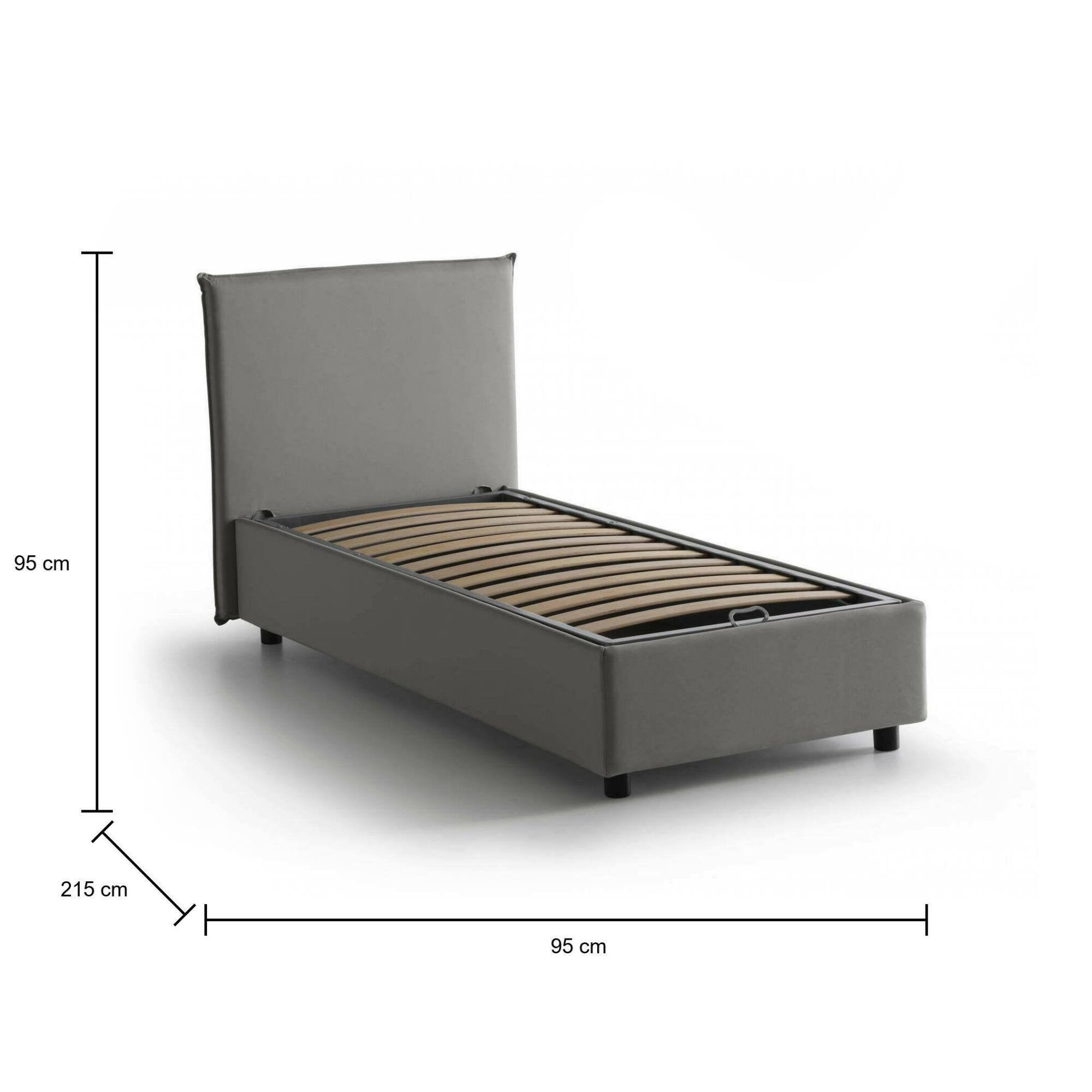 Letto singolo Shana, Letto contenitore con rivestimento in tessuto, Made in Italy, Apertura frontale, adatto per materasso cm 80x200, Grigio