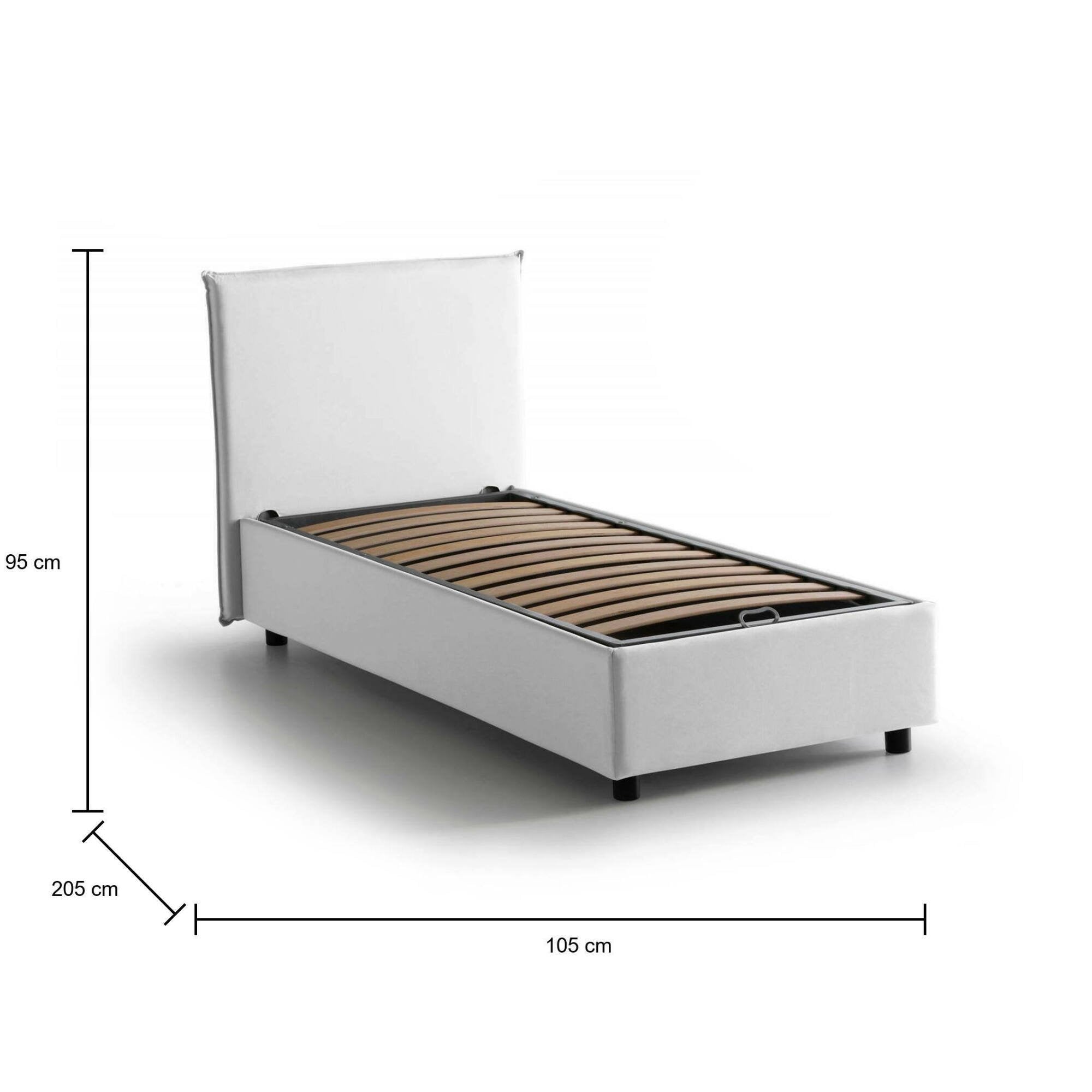 Letto singolo Ajan, Letto contenitore con rivestimento in tessuto, Made in Italy, Apertura frontale, adatto per materasso cm 90x190, Bianco