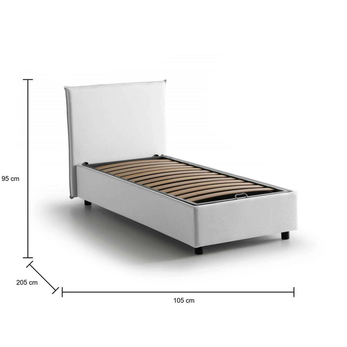 Letto singolo Ajan, Letto contenitore con rivestimento in tessuto, Made in Italy, Apertura frontale, adatto per materasso cm 90x190, Bianco