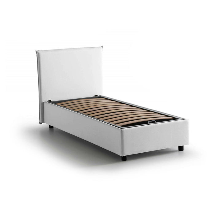 Letto singolo Ajan, Letto contenitore con rivestimento in tessuto, Made in Italy, Apertura frontale, adatto per materasso cm 90x190, Bianco