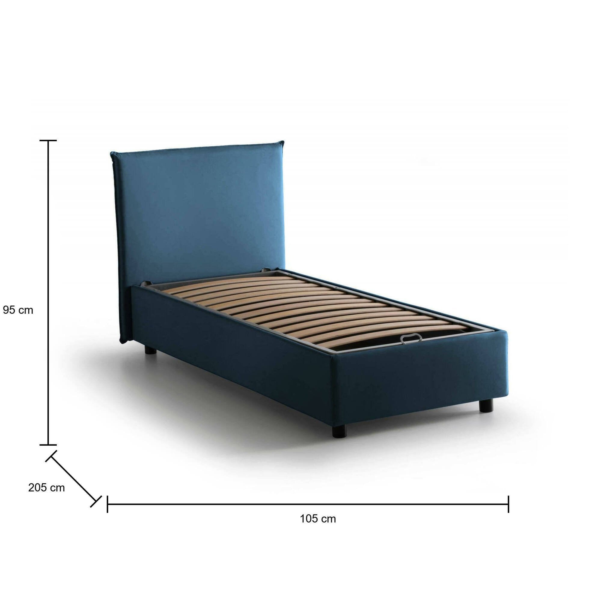 Letto singolo Ajan, Letto contenitore con rivestimento in tessuto, Made in Italy, Apertura frontale, adatto per materasso cm 90x190, Blu
