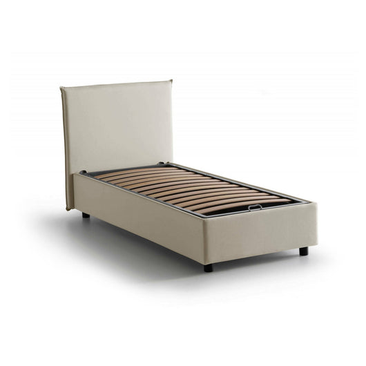 Letto singolo Ajan, Letto contenitore con rivestimento in tessuto, Made in Italy, Apertura frontale, adatto per materasso cm 90x190, Beige