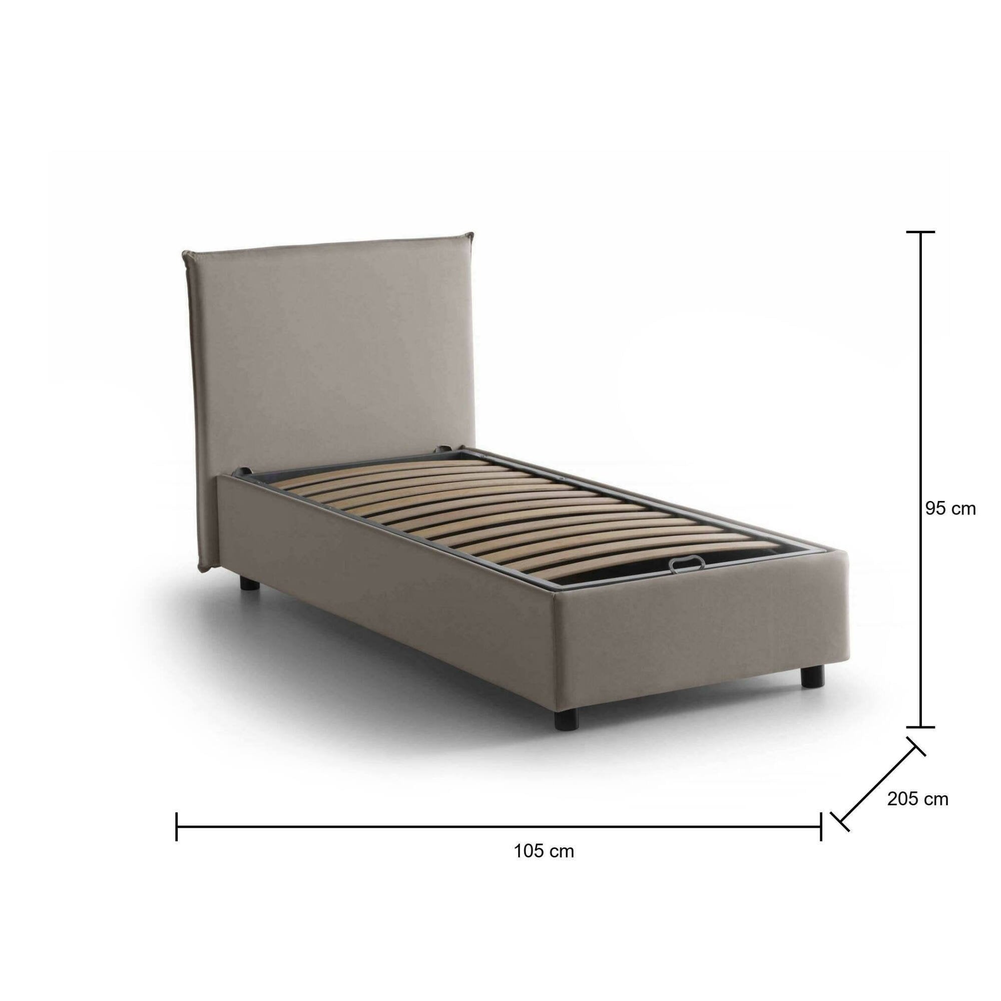 Letto singolo Ajan, Letto contenitore con rivestimento in tessuto, Made in Italy, Apertura frontale, adatto per materasso cm 90x190, Tortora