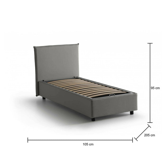 Letto singolo Ajan, Letto contenitore con rivestimento in tessuto, Made in Italy, Apertura frontale, adatto per materasso cm 90x190, Grigio