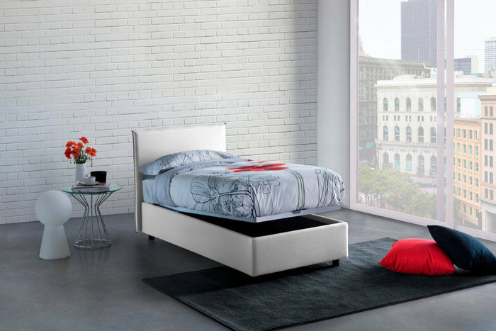 Letto singolo Alder, Letto contenitore con rivestimento in tessuto, Made in Italy, Apertura frontale, adatto per materasso cm 90x200, Bianco