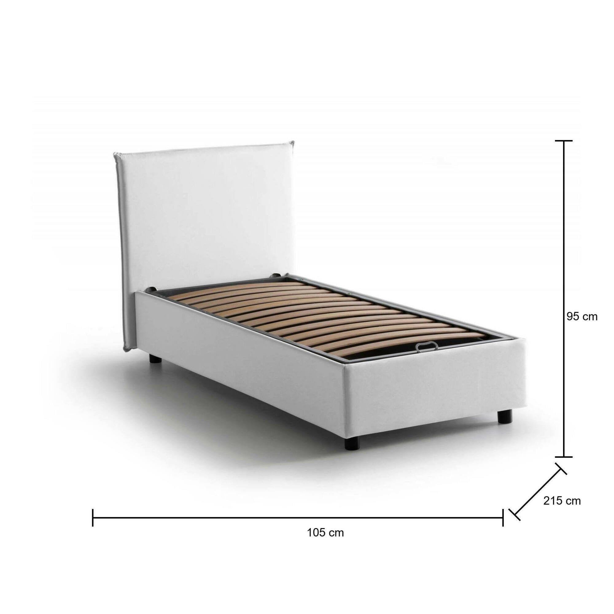 Letto singolo Alder, Letto contenitore con rivestimento in tessuto, Made in Italy, Apertura frontale, adatto per materasso cm 90x200, Bianco