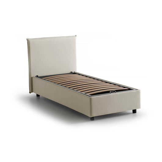 Letto singolo Alder, Letto contenitore con rivestimento in tessuto, Made in Italy, Apertura frontale, adatto per materasso cm 90x200, Beige