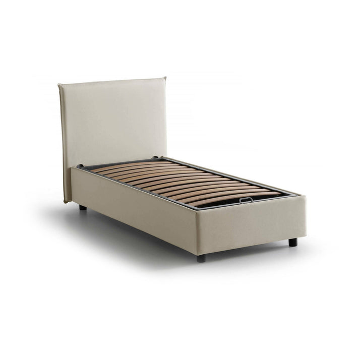 Letto singolo Alder, Letto contenitore con rivestimento in tessuto, Made in Italy, Apertura frontale, adatto per materasso cm 90x200, Beige