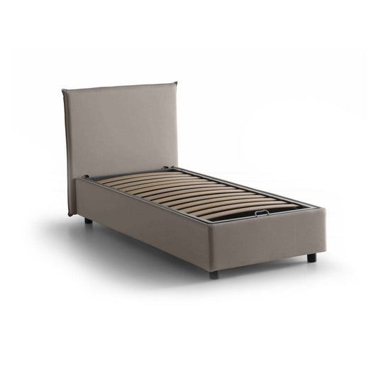 Letto singolo Alder, Letto contenitore con rivestimento in tessuto, Made in Italy, Apertura frontale, adatto per materasso cm 90x200, Tortora