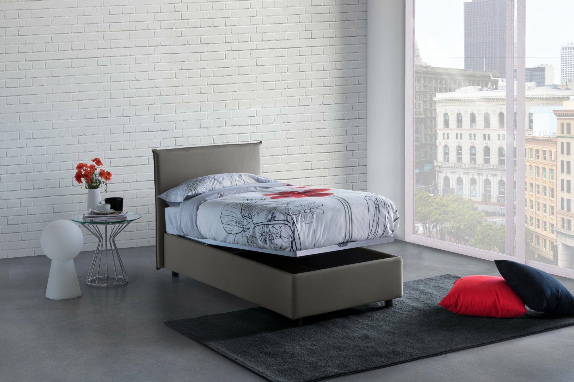 Letto singolo Alder, Letto contenitore con rivestimento in tessuto, Made in Italy, Apertura frontale, adatto per materasso cm 90x200, Grigio