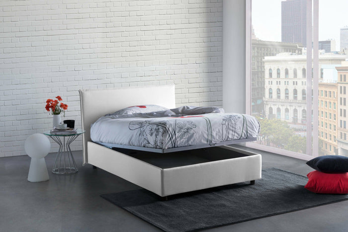 Letto piazza e mezza Anissa, Letto contenitore con rivestimento in tessuto, Made in Italy, Apertura frontale, adatto per materasso cm 120x200, Bianco