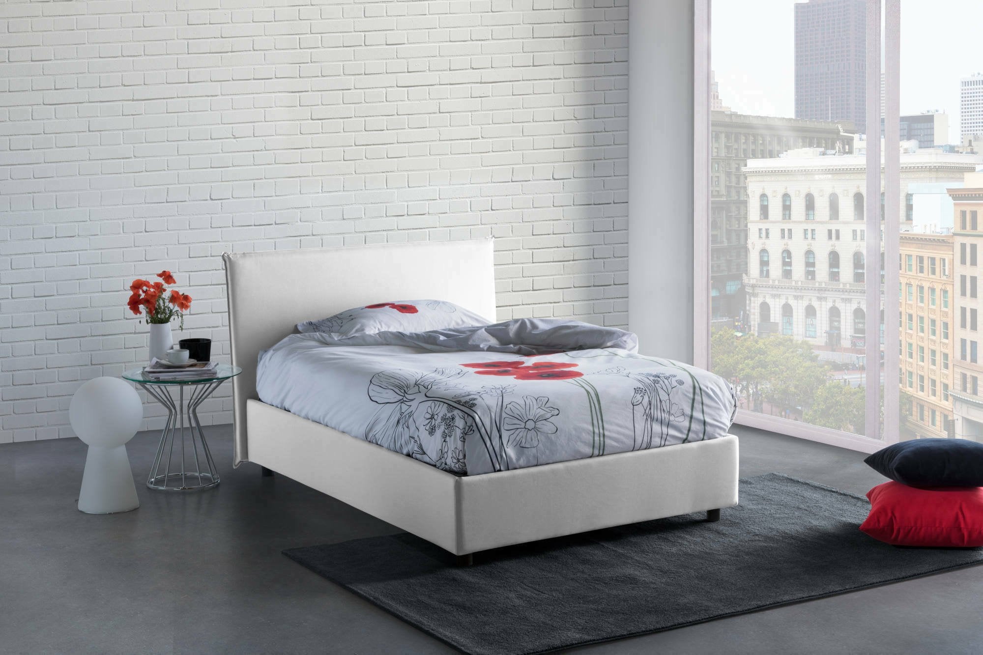 Letto piazza e mezza Anissa, Letto contenitore con rivestimento in tessuto, Made in Italy, Apertura frontale, adatto per materasso cm 120x200, Bianco