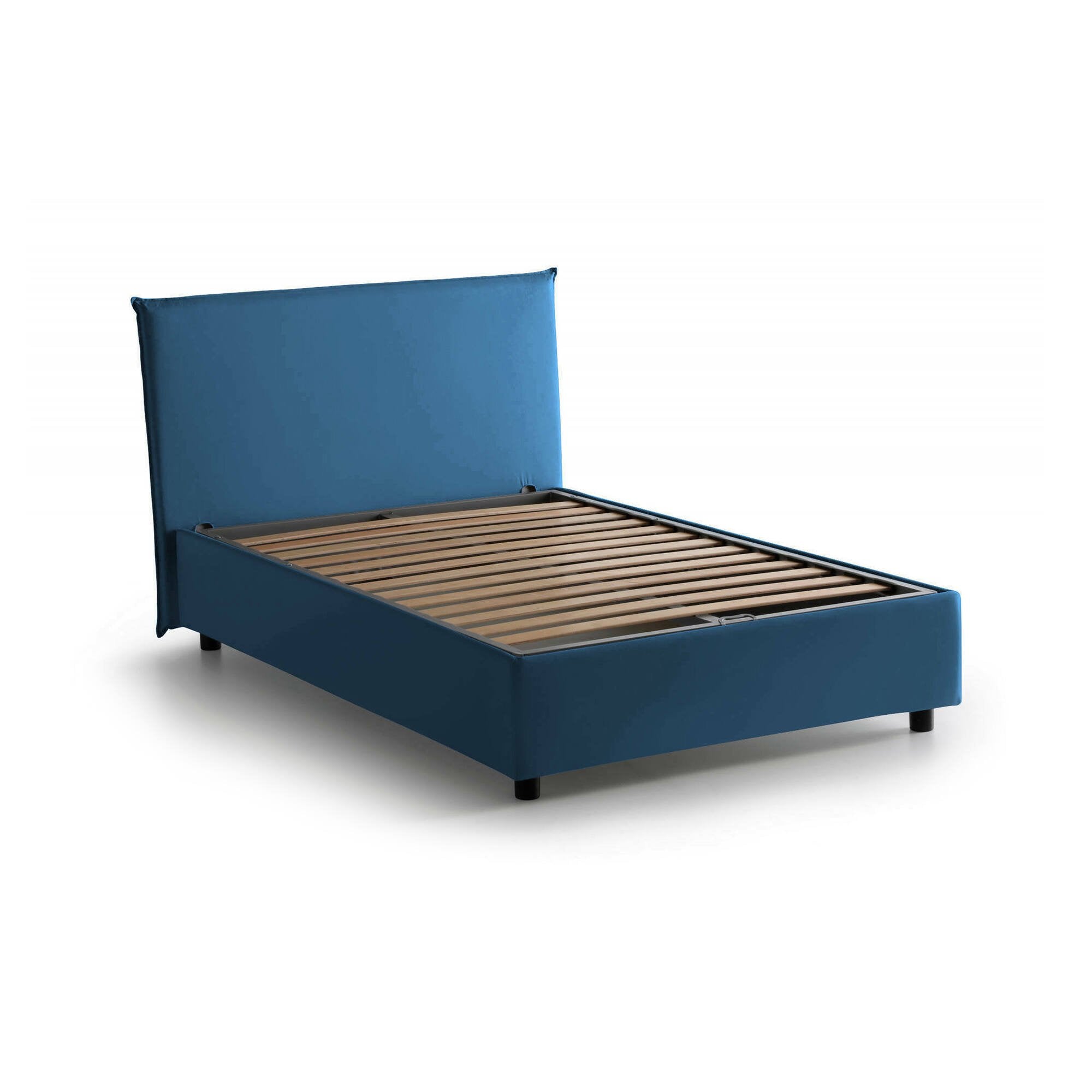 Letto piazza e mezza Anissa, Letto contenitore con rivestimento in tessuto, Made in Italy, Apertura frontale, adatto per materasso cm 120x200, Blu