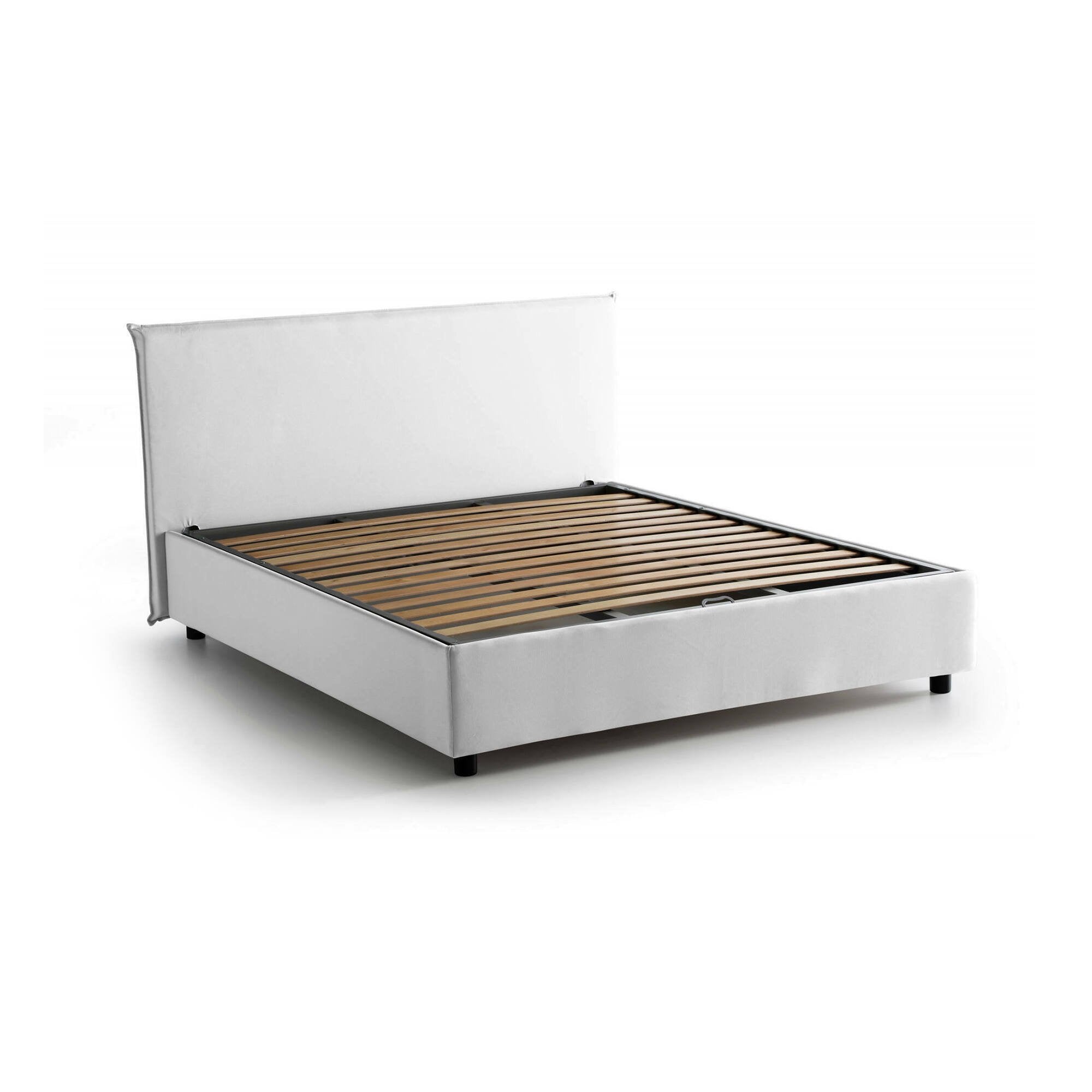 Letto matrimoniale Alvacus, Letto contenitore con rivestimento in tessuto, Made in Italy, Apertura frontale, adatto per materasso cm 140x200, Bianco