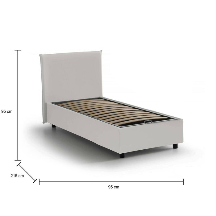 Letto singolo Atelmo, Letto contenitore con rivestimento in ecopelle, Made in Italy, Apertura frontale, adatto per materasso cm 80x200, Bianco